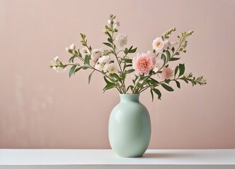 Fototapeta premium An image of a minimalist still life of flowers in a soft pastel green vase