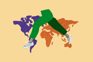 Creative collage human legs body fragment go walk step travel across world map continents abroad journey worldwide drawing background