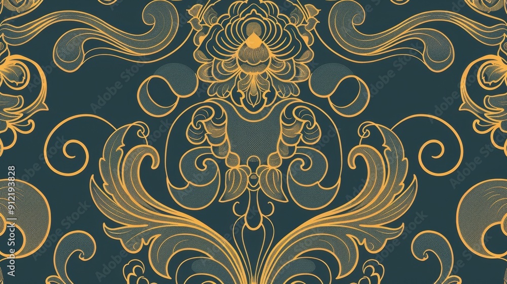 Poster elegant gold and teal damask pattern - this intricate pattern features a seamless design of gold flo