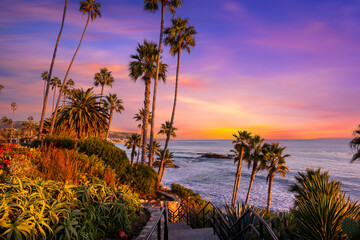 A view of Laguna Beach sunset at the beach. Laguna Beach is located in southern California.