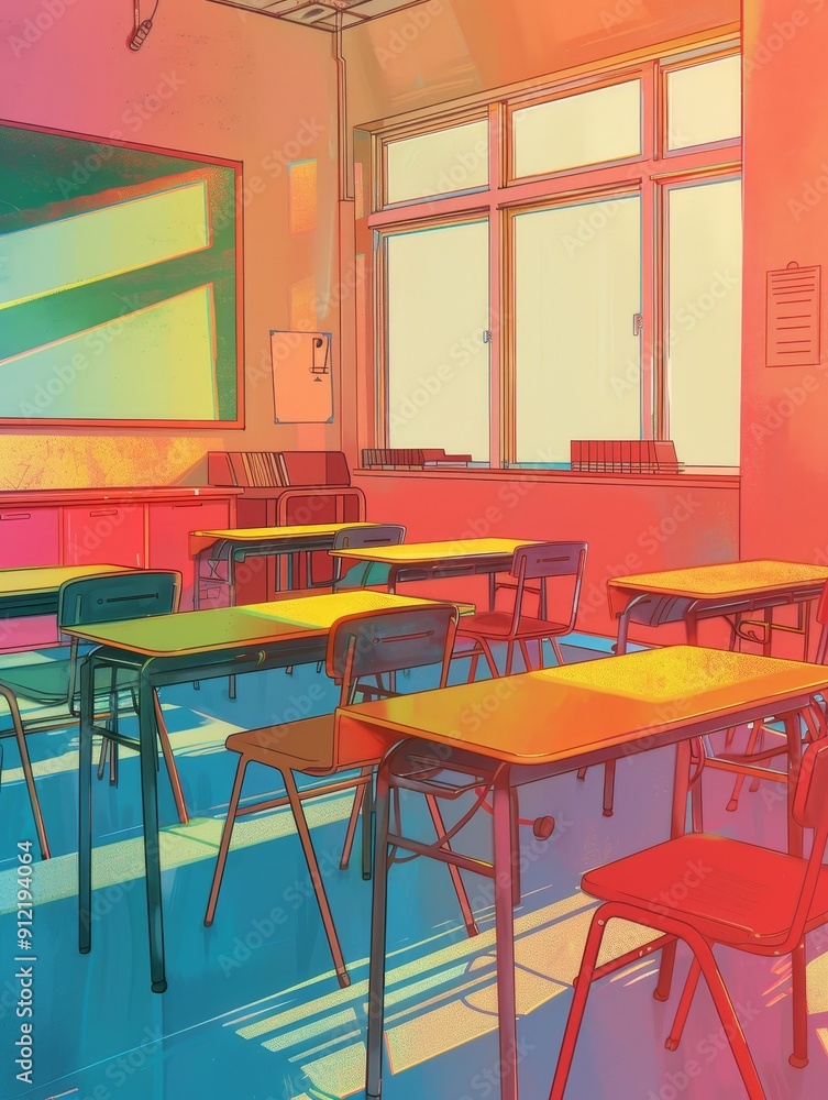 Poster Empty Classroom with Sunlight Streaming Through Windows - An empty classroom with desks and chairs arranged in rows. Sunlight streams through large windows, casting long shadows on the floor, creating