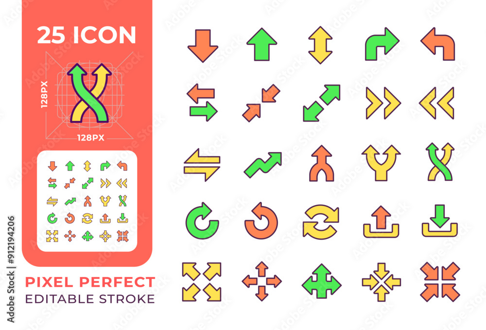 Poster arrows rgb color icons set. different directions. navigation icons. downward and forward arrows. iso
