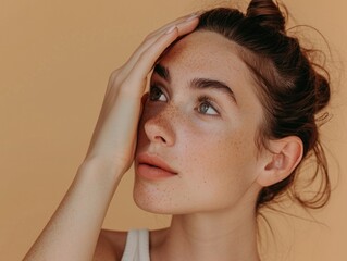 A woman touching her cheek, close up portrait against a yellow background.