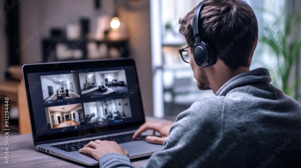 Poster man working on laptop with security cameras on screen
