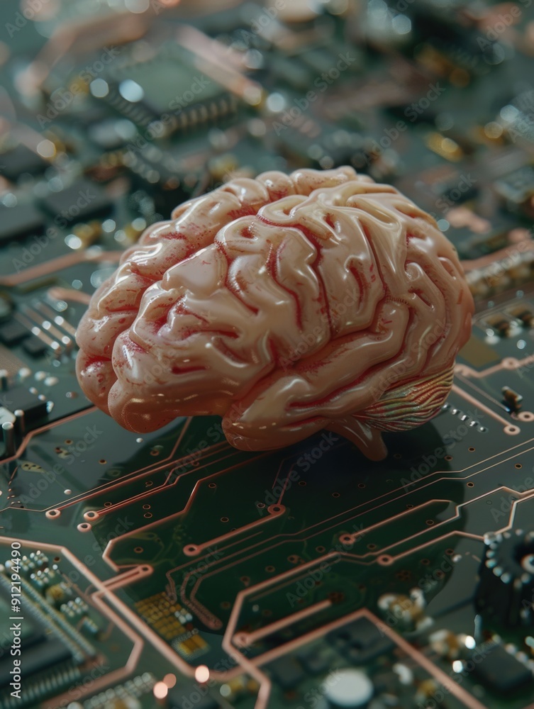 Poster a human brain with red areas on a circuit board with microchips.