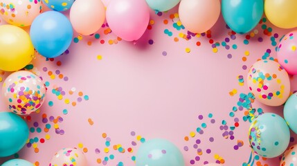 Festive Balloons and Confetti Background for Party Invitations - Colorful balloons and confetti form a festive frame on a pink background, perfect for birthday invitations, party announcements, or cel