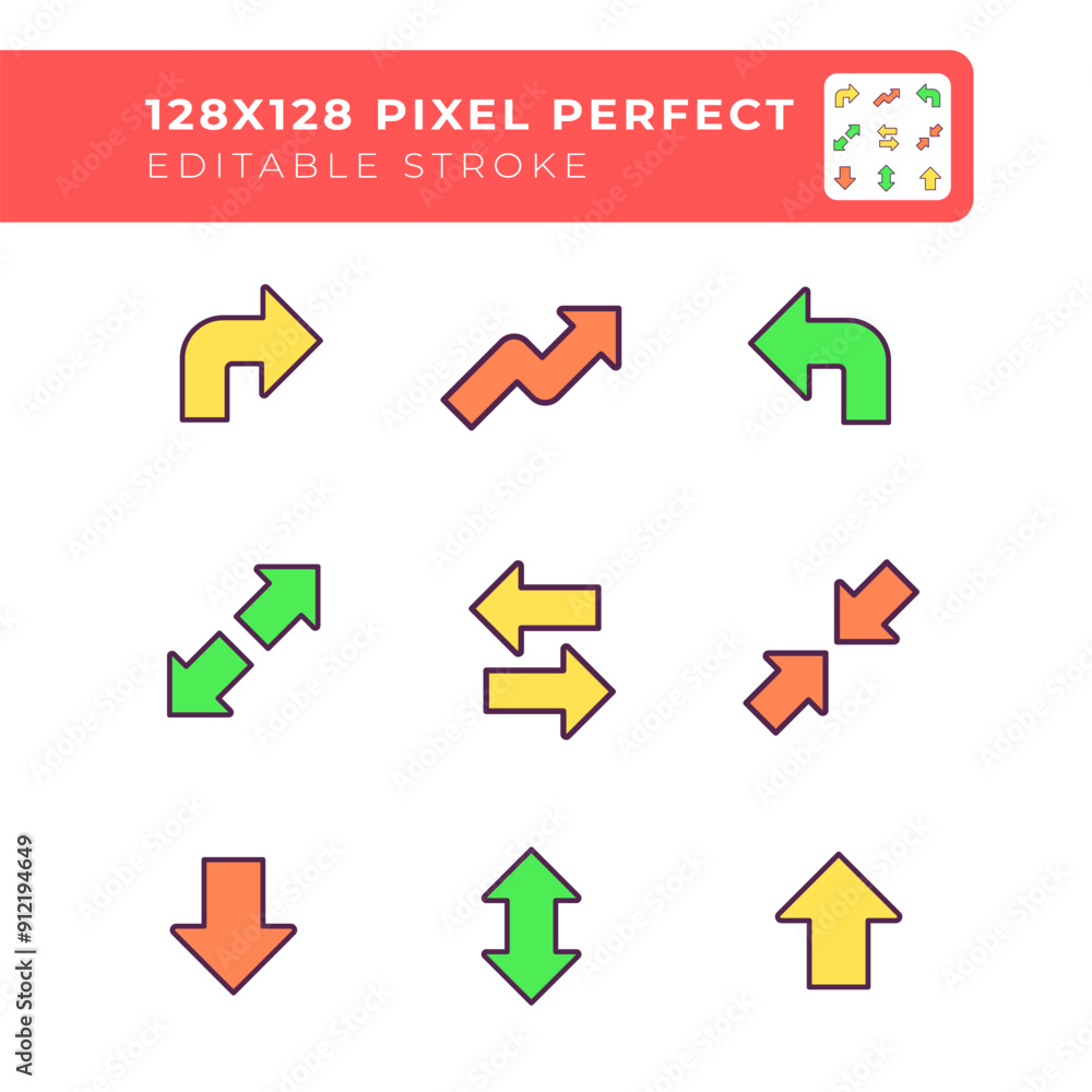 Poster minimalist arrows rgb color icons set. navigation icons. left and right directions. downward and upw