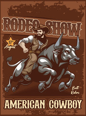 Vector Illustration of Cowboy Riding Bull with Vintage Illustration Available for Poster