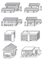 様々な建物の立体ベクターイラスト. 線画.