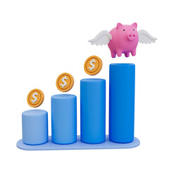 3D illustration of a piggy bank with wings, dollar coins, and a rising bar chart representing financial growth.