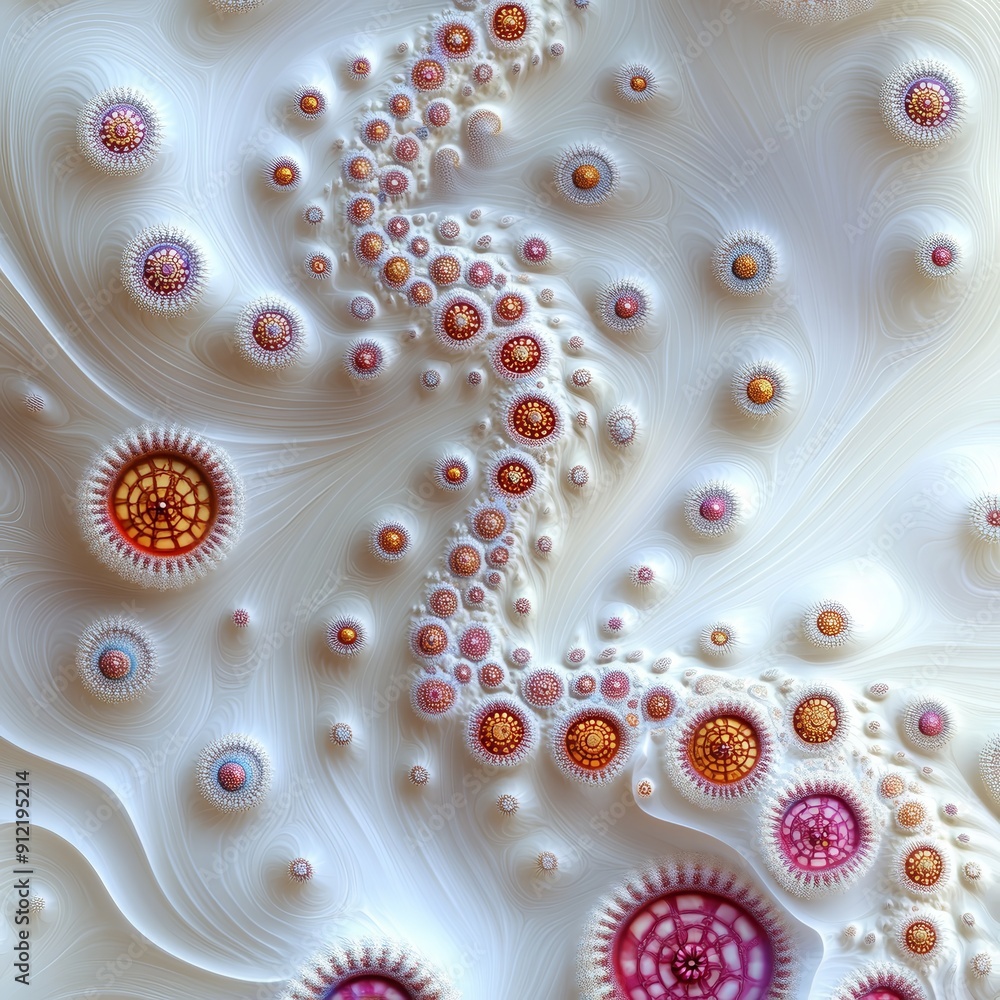 Poster abstract 3d artwork with textured patterns and vibrant circular designs creating a swirling visual e