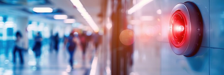A bright red fire alarm with a light and button is mounted on a wall in a busy indoor area filled with people. Generative AI