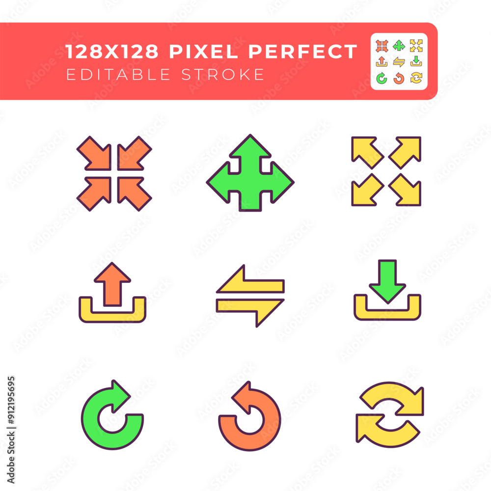 Poster interface arrows rgb color icons set. directional arrows. cyclic movements. upload and download symb