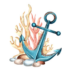 Anchor blue color with coral on pebbles. Watercolor illustration, hand drawn, isolated. Marine composition. Oceanic wildlife. Marine life theme. Template for postcard, print, sticker, interior design.