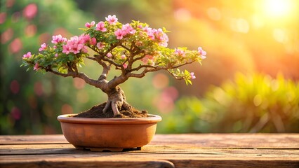 A Touch of Spring: Blooming Bonsai in a Rustic Terracotta Pot  Generative AI