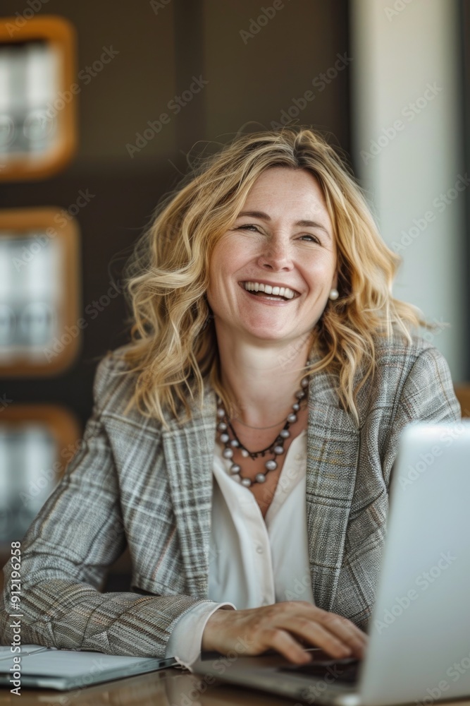 Wall mural A smiling, casually dressed professional woman in an office setting with a laptop, exuding confidence and competence.