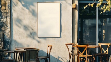 A charming outdoor seating area features wooden tables and chairs under warm sunlight, next to a blank board on the wall awaiting promotions or menus