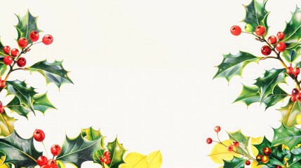 Fototapeta premium Two festive borders in bright yellow, decorated with red and green holly leaves and berries, perfect for a cheerful holiday message.