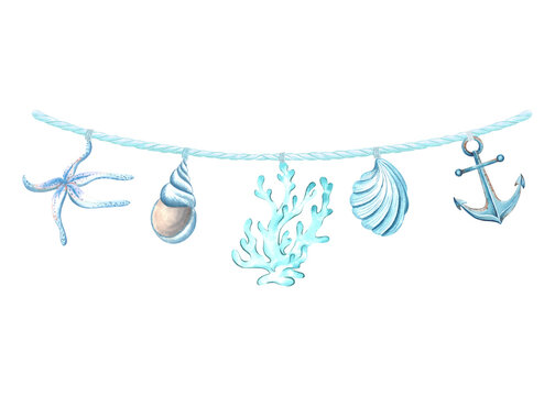 Garland of lanterns burning blue on rope. Sea life theme pendant. Nautical style. Watercolor illustration hand drawn isolated. Holiday and party decoration. Clipart for interior, wedding, postcards.