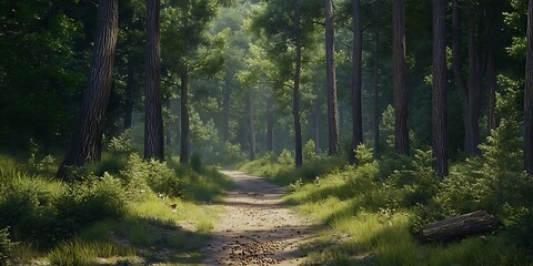 Forest Path 3D Illustration - Sunlight Filtering Through Trees