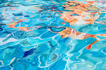 A vibrant and dynamic abstract painting of a swimming pool surface, with swirling blues and oranges reflecting the sunlight. This artwork captures the essence of summer and aquatic joy.
