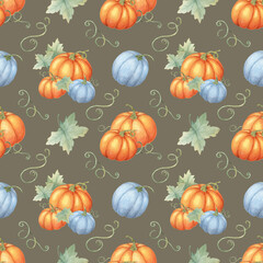 Orange and blue pumpkins with green leaves background. Watercolor seamless pattern Ideal for autumn-themed wrapping paper, textiles, party supplies, and seasonal decorations