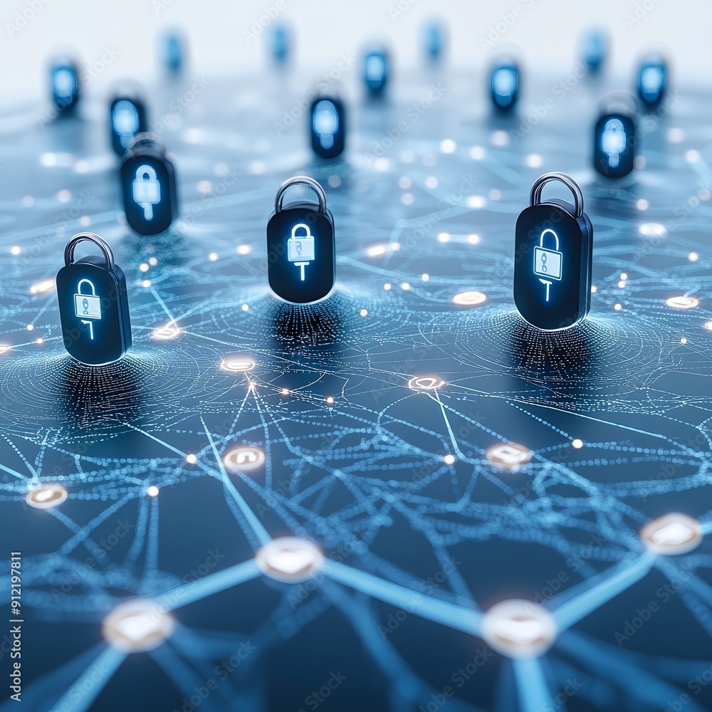 Aufkleber digital network security concept with interconnected padlocks representing data protection in a high