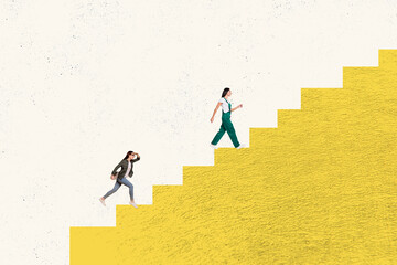 Trend artwork composite sketch image photo collage of two young woman worker raise up huge stairs hand hold laptop work career promotion