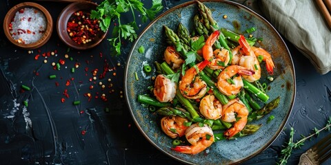 Asparagus and Shrimp Stir Fry Placed on the Table