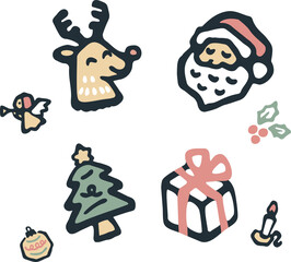 クリスマス　アイコン　手描き　あしらい　飾り　版画　判子　シルエット　かわいい　イラスト素材セット