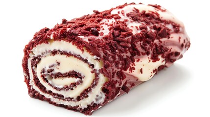 Obraz premium Red velvet Swiss roll with a creamy filling, closeup, against a white background