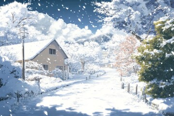 Frosty Vista: A High-Resolution Hand-Drawn Illustration of Nature's Tranquility in a Snow-Covered World, Capturing the Season's Charm with Unique Warmth in Anime Style.