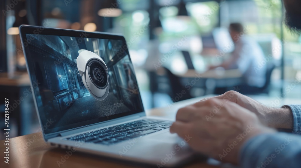 Aufkleber man working on laptop with security camera on screen