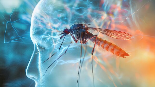 A Mosquito Landing on a Human Head, a Symbol of Disease Transmission