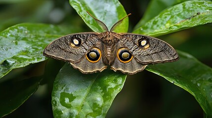 Fototapeta premium A Brown and Orange Butterfly Resting on a Green Leaf