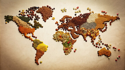 A creative depiction of a world map constructed using an assortment of spices and seeds on a flat surface