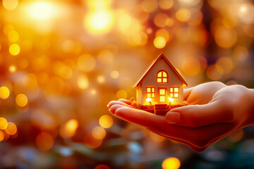 Hand Gently Holding a Miniature Home with a Warm, Inviting Glow Set Against a Beautiful Bokeh Background for Visual Appeal
