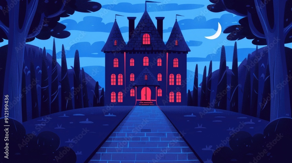 Poster enchanting of a majestic castle set against a moonlit mystical forest landscape the imposing castle 
