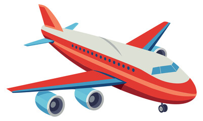 Red and white airplane in flight with blue trim. Vector illustration