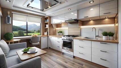 Fototapeta premium Modern Minimalist Motorhome Kitchen with Sleek White Cabinets and Natural Wood Accents AI generated