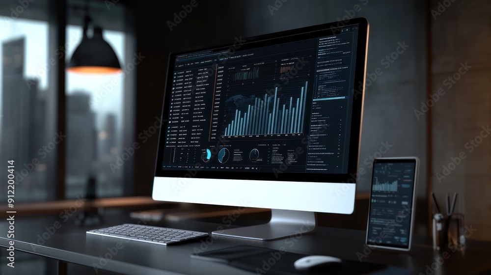 Poster desktop with data analytics charts