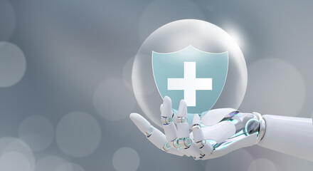 Futuristic AI robot Hand offer medical shield with bubble on white background. The Concept of Family life insurance, Medical care insurance, and Business healthy with Artificial Intelligence. 