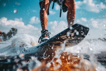 Naklejka premium Wakeskater Riding Wakeboard On Lake At Summer Day. Close Up Of Action Sports Equipment