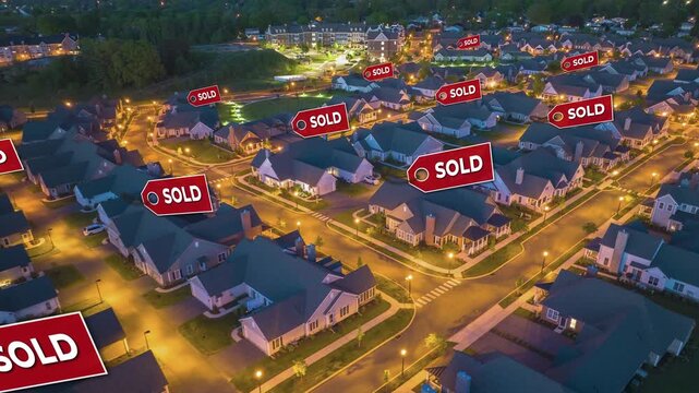 Suburban neighborhood at dusk with Sold icon tags over homes. Streets illuminated by streetlights create a warm glow. Residential area showcases a successful real estate market. Aerial hyper lapse.