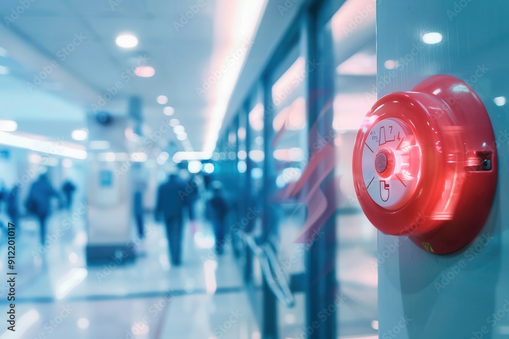 Poster A bright red fire alarm with a flashing light and button is mounted on a wall in a bustling public area filled with people. Generative AI