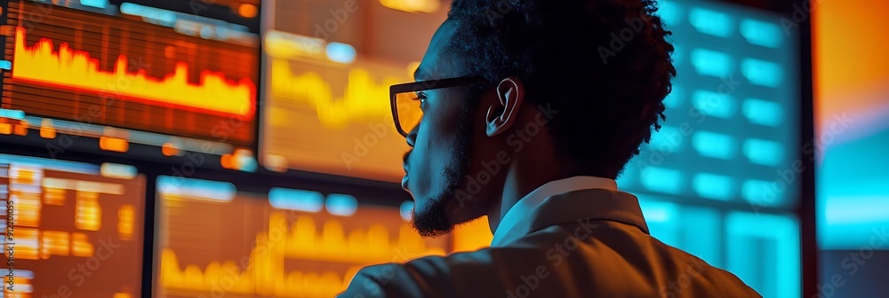 Poster man in glasses looking at screens with financial data - realistic image