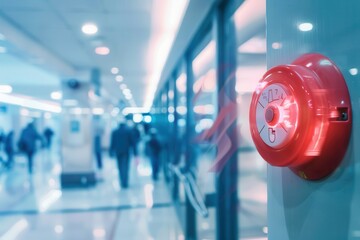 A bright red fire alarm with a flashing light and button is mounted on a wall in a bustling public area filled with people. Generative AI