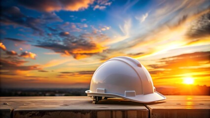 A Beacon of Safety: A White Construction Helmet Stands Tall Against a Sunset Sky  AI Generated