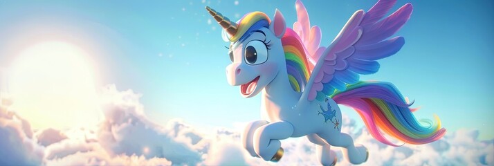 Fototapeta premium Pegasus unicorn hybrid, colorful, happy, friendly, 3d cartoon,