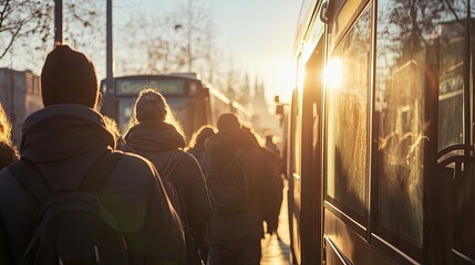 People Boarding a Bus at Sunset